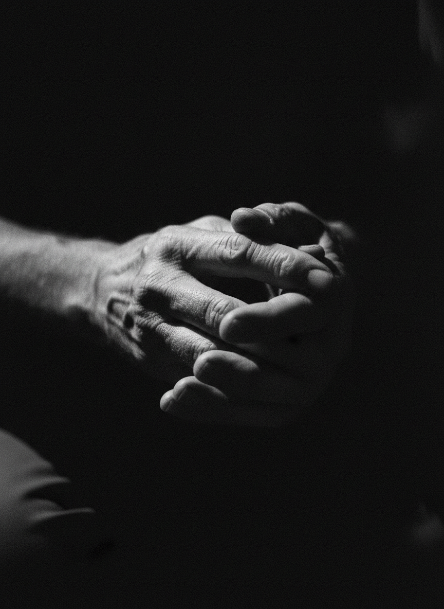 Dark editorial black and white documentary photograph, close portrait of weathered hands, dramatic side lighting, deep blacks, film grain, photojournalistic