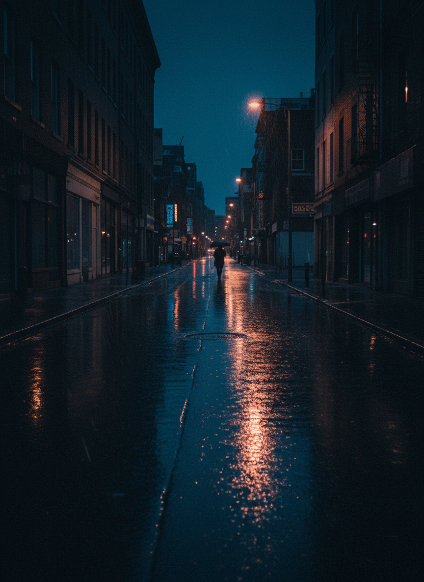 Moody dark-toned photojournalistic photograph, rain-soaked empty urban street reflecting neon in near darkness, cinematic, high contrast, editorial